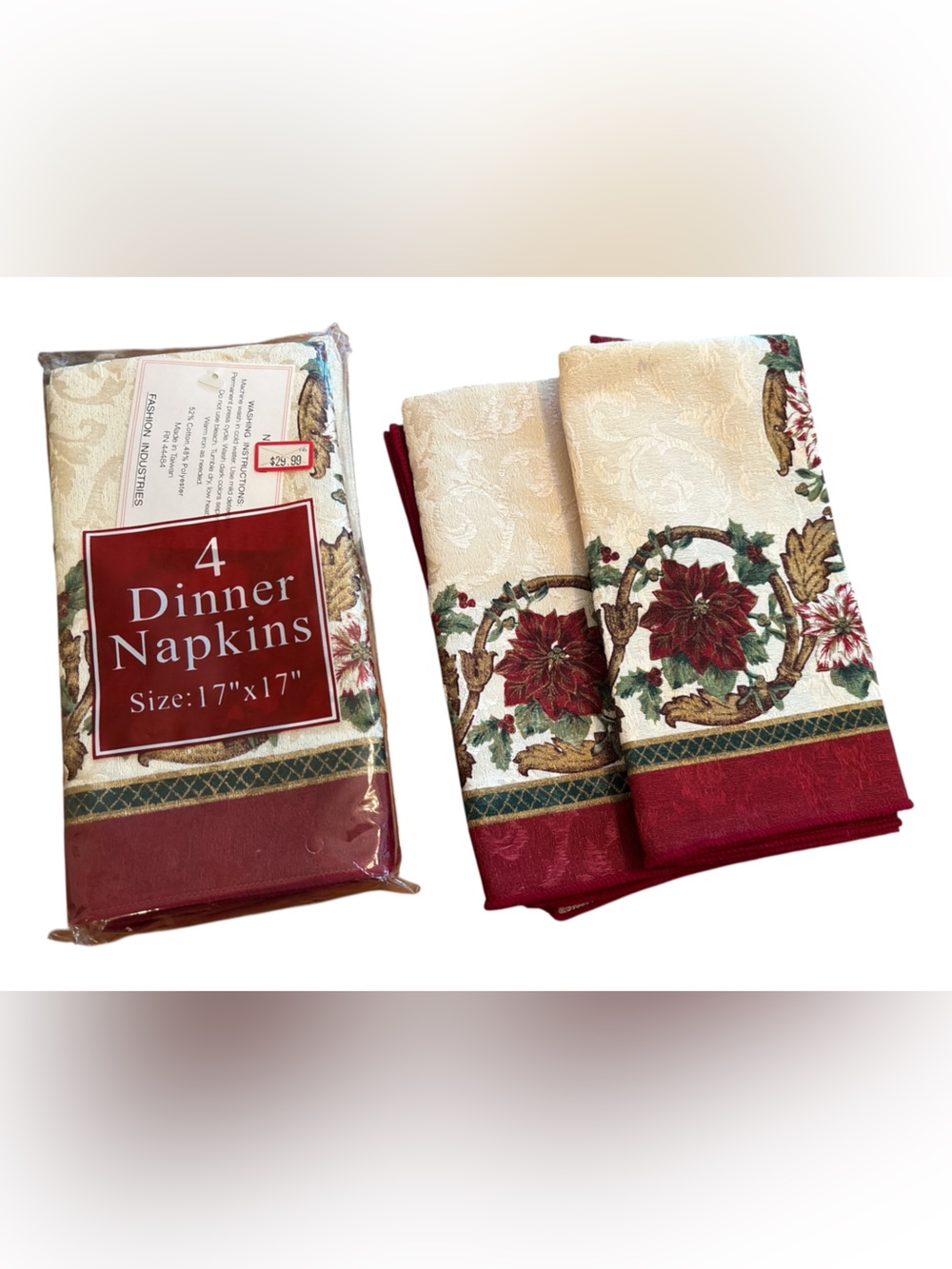 FASHION INDUSTRIES HOLIDAY POINSETTIA SET OF 6 DINNER NAPKINS CREAM RED & GREEN